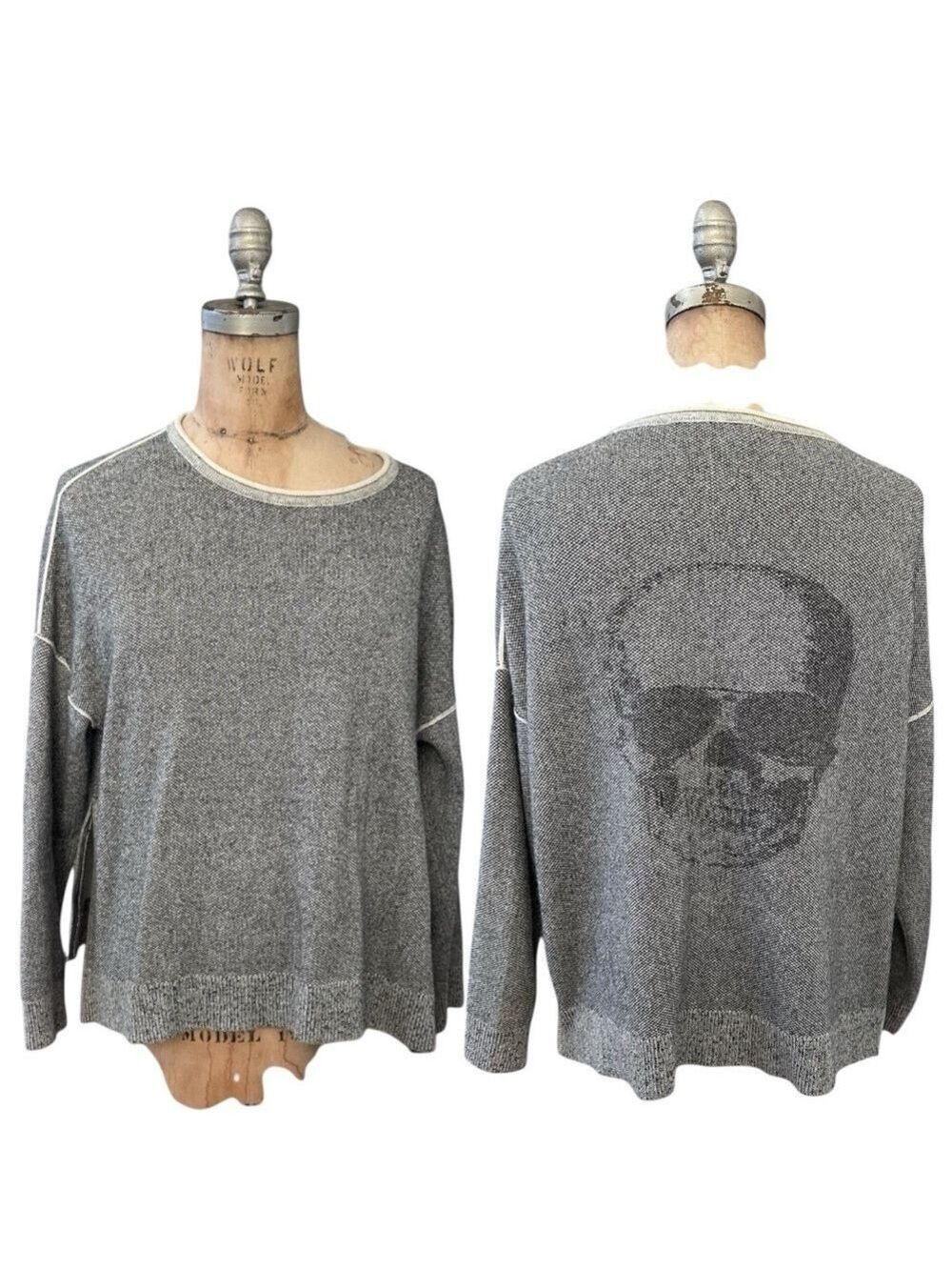 Skull Cashmere Gray sweater Cashmere Blend Side Zippers At Hips XS Oversized Fit